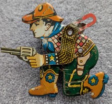 Vintage 1940s 1950s Tin Litho Mechanical Shooting Cowboy Clicker Working Toy VTG