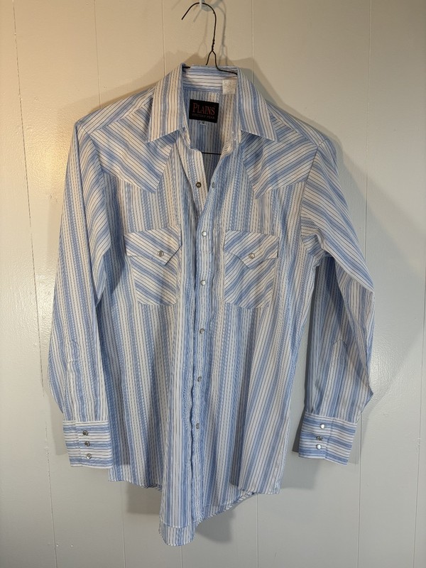 Mens Plains Western Shirt S Blue Striped L/S Poly/Cot Snaps Rockabilly Rodeo