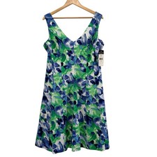 NWT Chaps Baja Blue Green Floral Print Sleeveless A-Line Dress Sz 16 Travel Boss