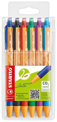 STABILO Pointball Retractable Ballpoint Pen Refillable 0.5mm Eco-Friendly 6 C...