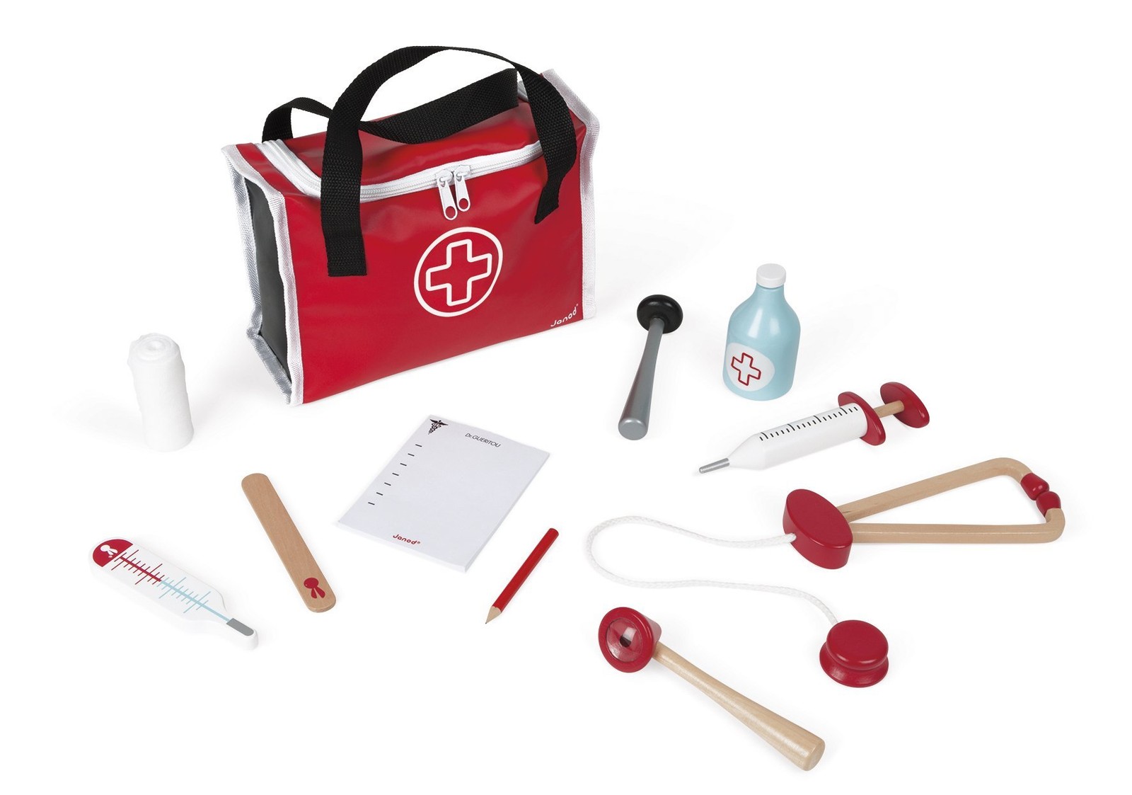 Janod - Doctor's Suitcase for Children - 10 Solid Wood Accessories Included - Pr