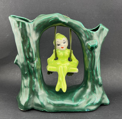 Vtg Hollywood Ceramic Tree Truck Double Bud Vase with Elf/Pixie in Swing