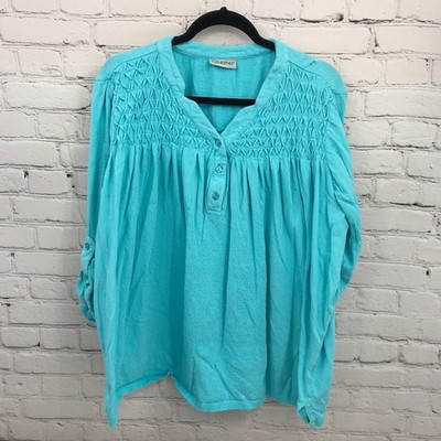 Catherines Top Womens 1X Blue Pullover V-Neck Short Sleeve Casual Stretch Blouse