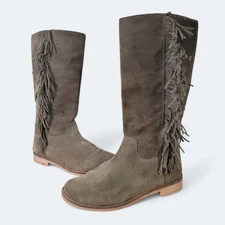 Lucky Brand Grayer Green Suede Fringe Tall Boots Size 7.5 Boho Festival