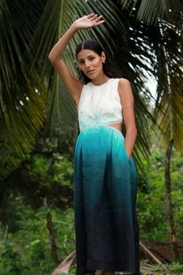 Aje Cosmos Dress Size 10 AU /6 US BNWT Cut Out Midi Handpainted Teal Ombré Linen