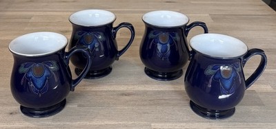 4 Denby England Baroque Cobalt Blue Footed Mug Vintage Stoneware Craftsman Style