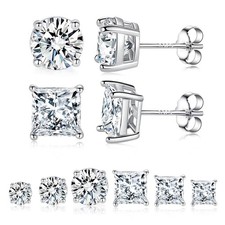 6 Pairs 925 Sterling Silver Stud Earring Set, 18K Gold Plated Princess Round ...