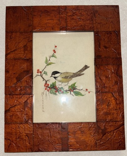 Vintage gerahmtes Aquarell Gemälde Chickadee Beeren signiert McIntosh
