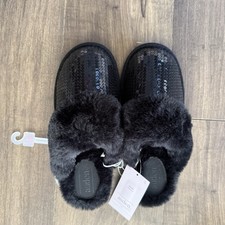 NWT Black Sequin Fur Trim Auden Slippers Size M 7/8