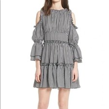 MAJE Radise Striped Cold-Shoulder Shift Ruffle Tiered Mini Dress Size M