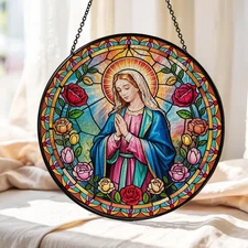 Personalized Virgin Mary Stained Glass Window Hanging, Mary Stained Glass