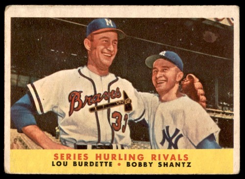 1958 Topps #289 SERIE HURLING RIVALS Lou Burdette / Bobby Shantz Sehr guter Zustand