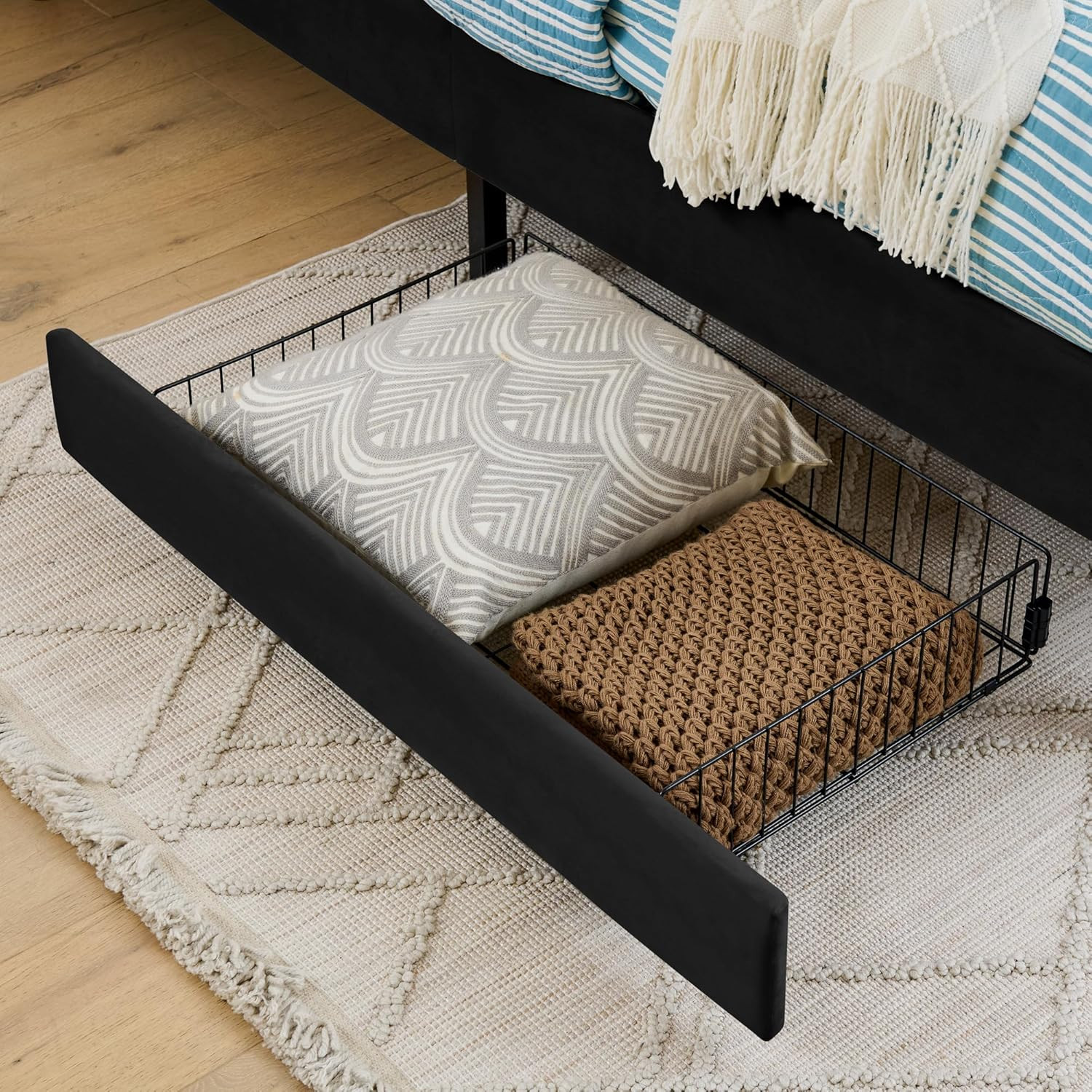 Upholstered Kids Bed with Storage Drawers - Full Daybed Frame, Black