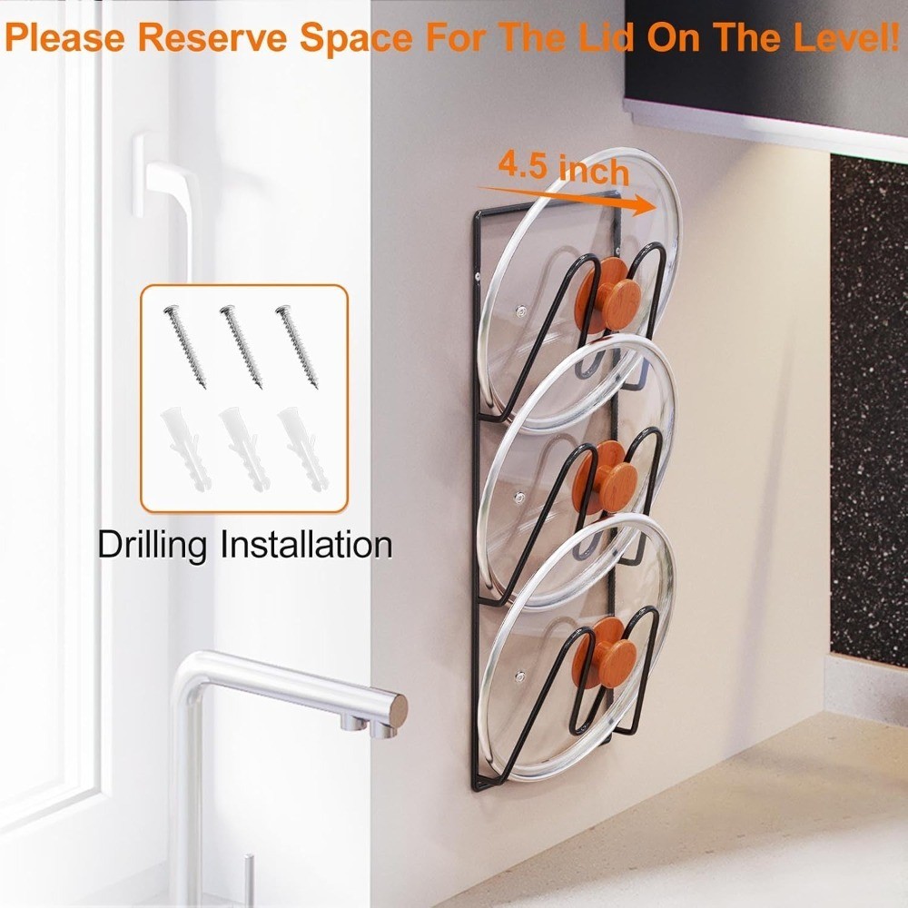 6-Tier Pot Lid Organizer Rack for Cabinet Door or Wall Mount No Drilling