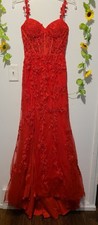 Red sz 0 A-line V Neck Sweep Train Tulle Prom Dress with Appliqued Beading
