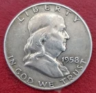 US 1958 D FRANKLIN HALF DOLLAR 90% SILVER COIN