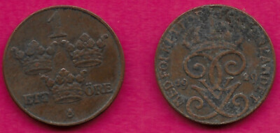 SWEDEN 1 ORE 1929 CURVED 2,RULER GUSTAF V OF SWEDEN DIVIDES DATE,CROWNED DOUBLE
