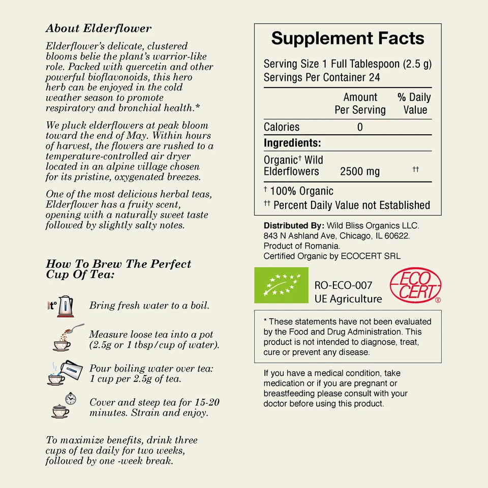 Té orgánico de flores de saúco silvestre - Té de hierbas sin cafeína - Potencia de farmacopea Foto 2 de 4