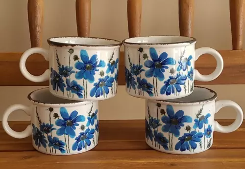 Set of 4 Vintage MIDWINTER Stonehenge Spring Blue Floral TEA CUPS 1970s