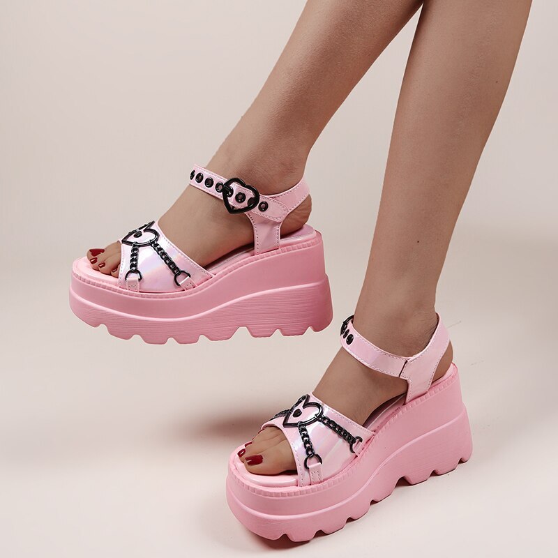 Cute Pink Wedge Sandals Women Gothic Buckle Chunky Platform