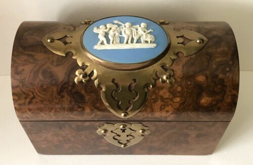 Antique English Burl Wood & Brass Wedgwood Blue Jasperware Dome Stationary Box