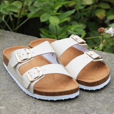 LADIES COMFORT SUMMER BEACH BUCKLE SLIP ON FLAT WIDE MULES SLIDERS SANDALS SIZE