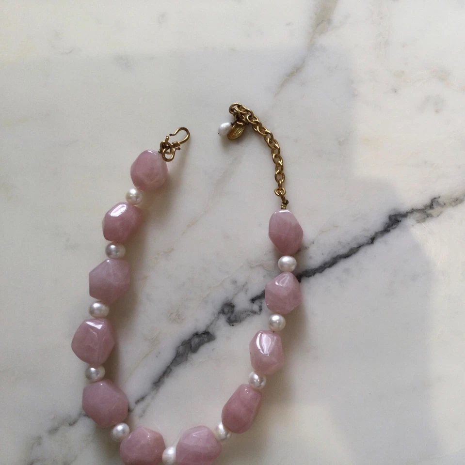 Collier vintage Philippe Ferrandis cabochons de quartz rose et perles - Photo 4/4