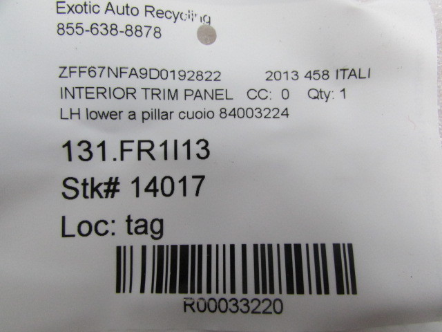 Ferrari 458 Italia LH, Left Lower A Pillar, Cuoio, Used, P/N 84003224