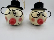 Round Ball Cute Hand Painted Christmas Snowman Head Ornament  Lot of 2