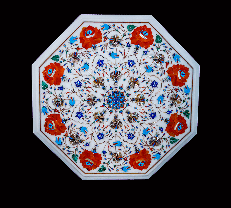 18-Inch Handmade Marble Coffee Table with Semi-Precious Stone Inlay for Elegant Home Decor