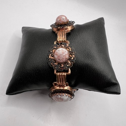 Vintage Copper Tone Bracelet Glass Round Oval White Pink Glass Stones - Picture 5 of 8