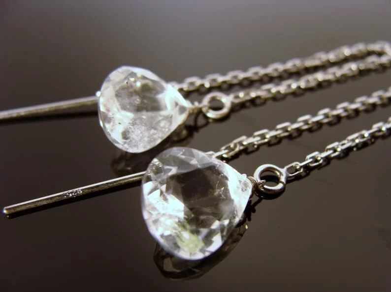 Orecchini a filetto catena placcato argento perle briolette cuore sfaccettato... - Immagine 2 di 4