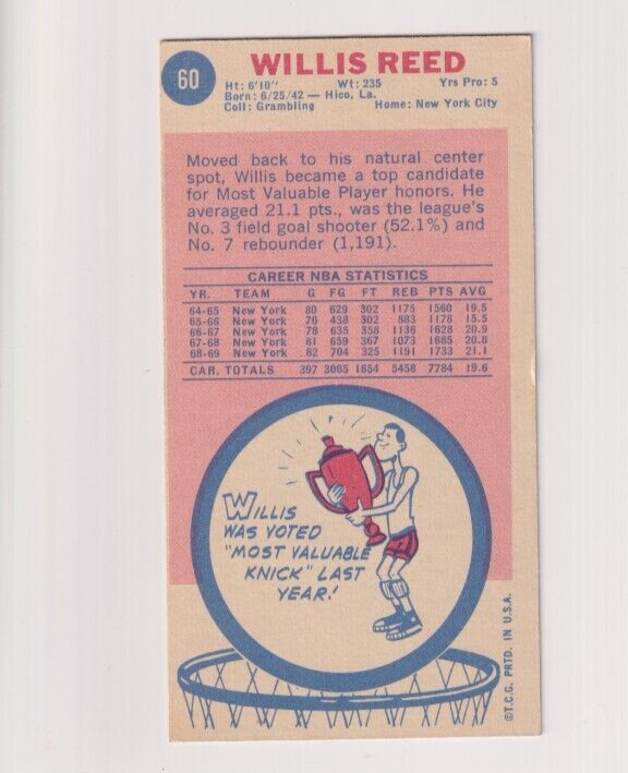 WILLIS REED 1969-70 TOPPS VINTAGE BASKETBALL ROOKIE CARD #60 NEW YORK ...