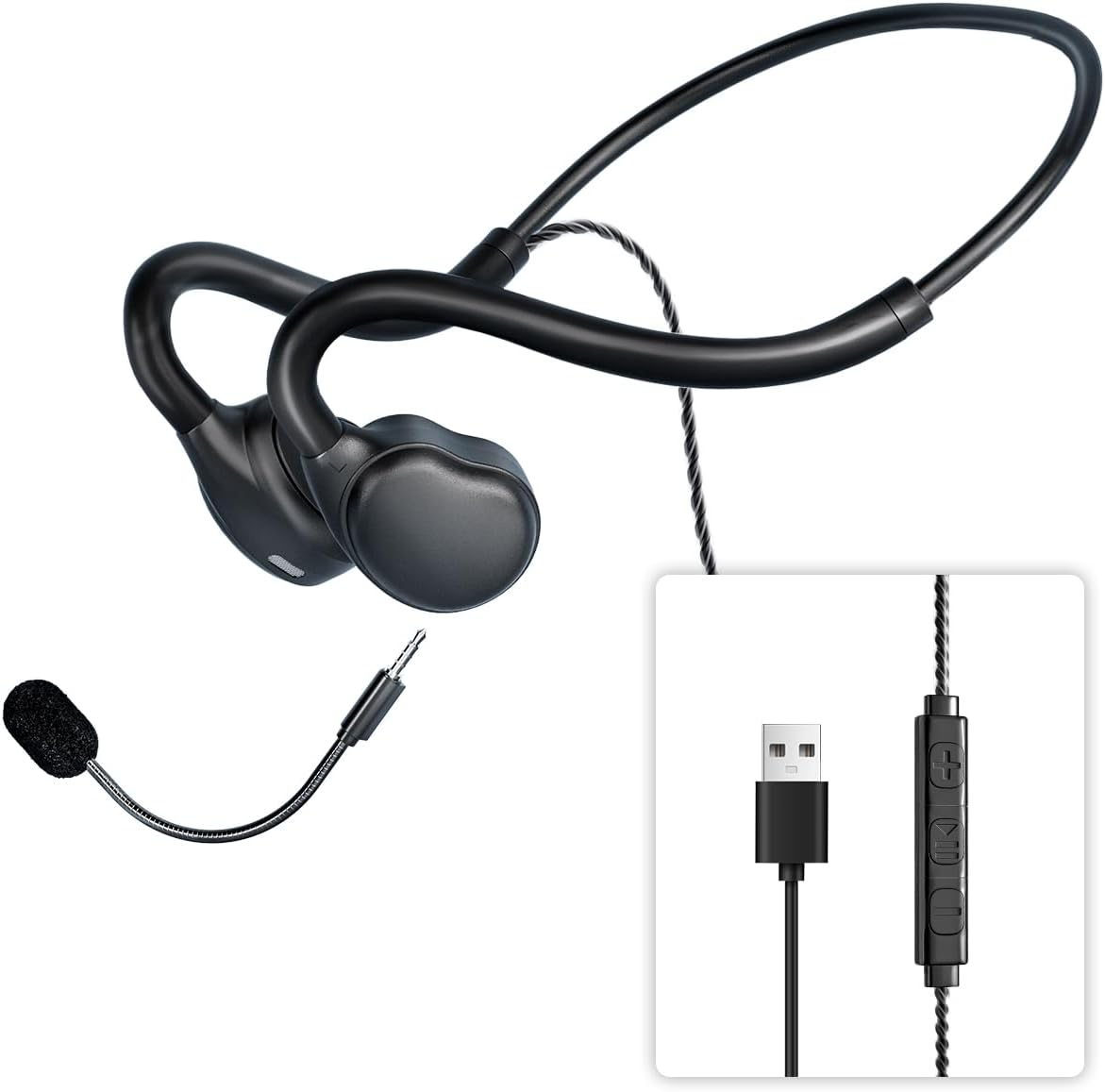Wired Headphones with Mic Dual Open Ear Headphones Air Conduction USB Headset-image