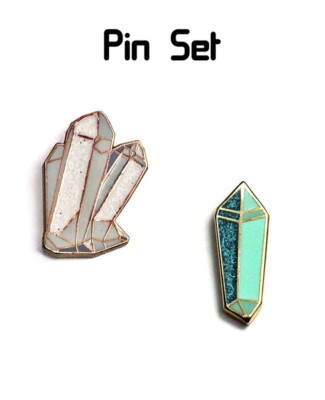 Clear Quartz Crystal & Jade Crystal Pin Set by Pintrill (Collectors Item)