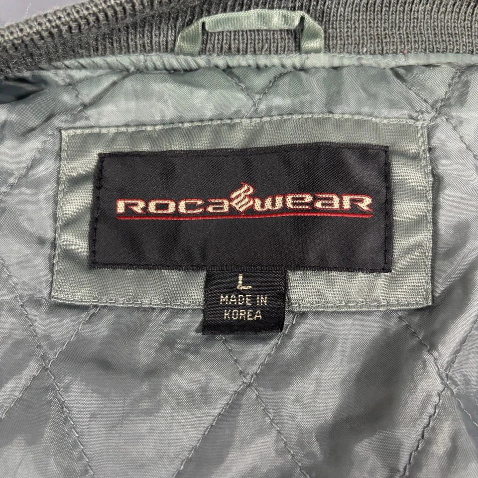 Vintage Rocawear Bomber Satin Jacket Mens Large Hip Hop Y2K Army Green Baseball - Image 3 of 4