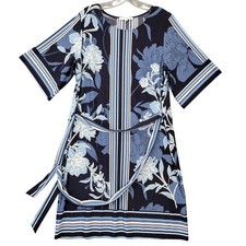 Studio One Blue Dress Stretch Midi Boho Floral Short Sleeves Preppy Women Size M