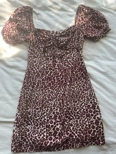 Cheetah P rint Cutout Cocktail Mini Dress Short Puff Sleeve Size Small 