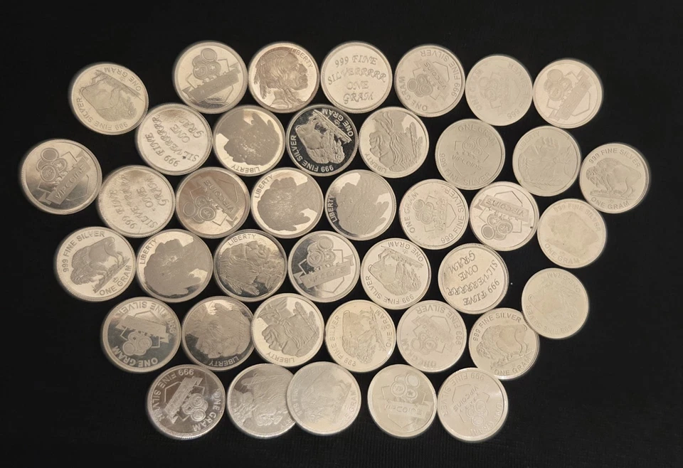 Lot of 40 .999 Fine Silver 1g One Gram Assorted Rounds ~GREAT GIFTS! Buffalo Etc - Image 2 of 2