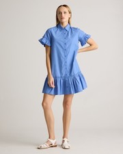 Quince Women 100% Organic Cotton Poplin Short Sleeve Ruffle Shirt Dress Blue S
