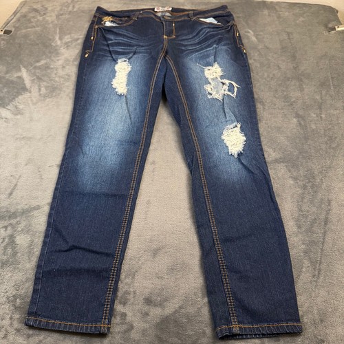 WAM What About Me Distressed Skinny Jeans Womens 18W Blue Stretch Embroidered