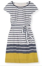 BODEN Striped Dress Sz 10 Grey White Yellow Wedding Guest Fully Lined Nautical
