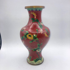 Vintage Cloisonne Vase Enameled Brass Dark Re...