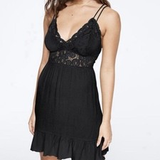 PINK Victoria's Secret Babydoll Black Crepe Lace Mini Dress Whimsigoth Fairy - M