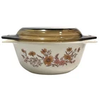 Vintage 1960s Pyrex England Country Autumn Casserole Dish Smokey Lid Daisies