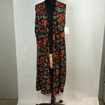 NEW Floral Kimono Long Vest Sleeveless Black Red Flowers Green Leaves Sz M Joy