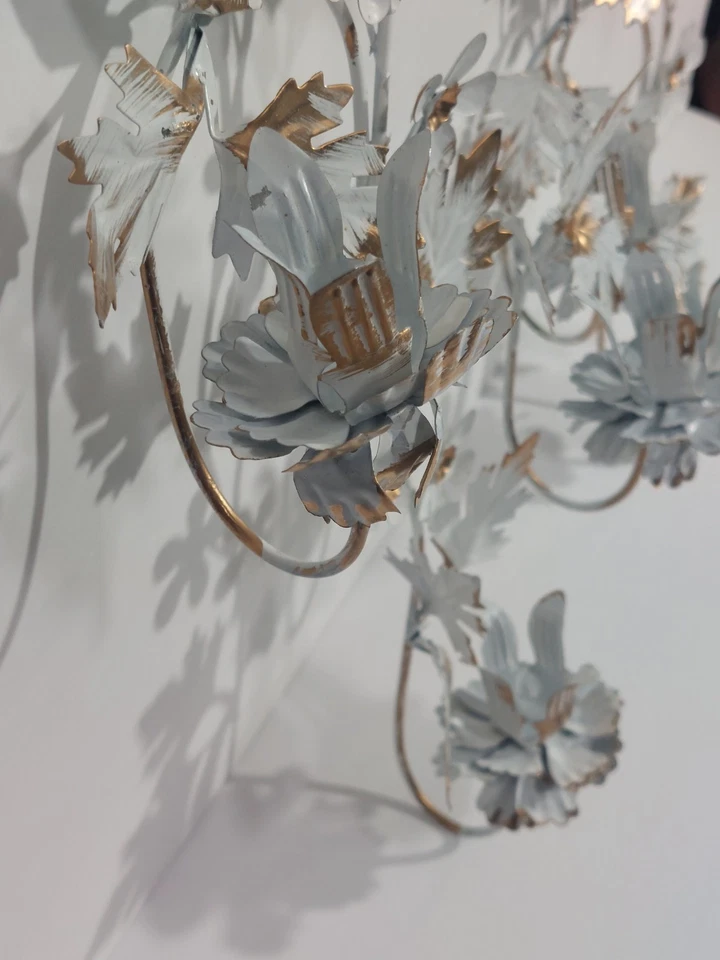 2 MCM HOLLYWOOD REGENCY Gold & White Tole Metal Wall Mount CANDLE SCONCES Italy - Image 3 of 4