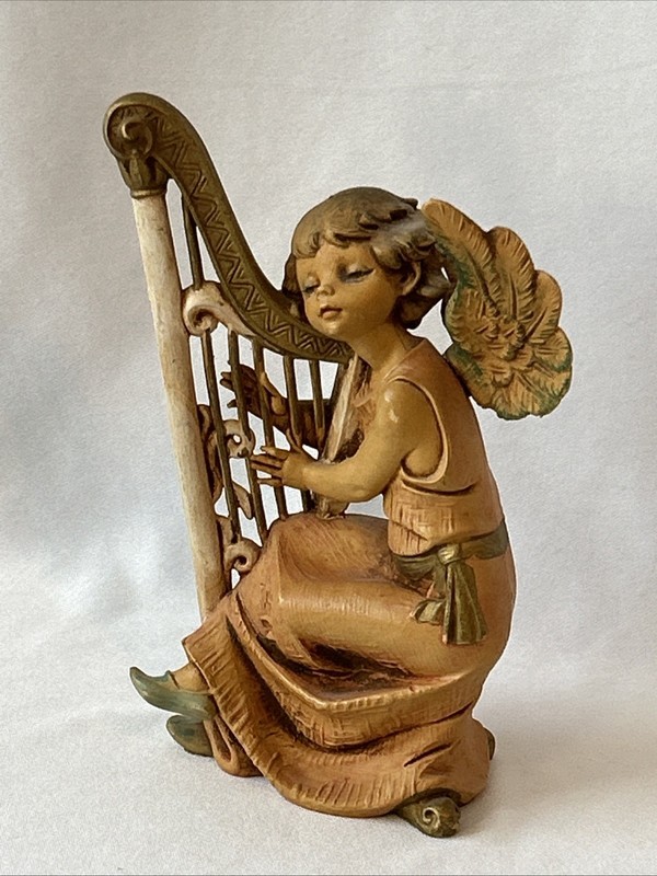 VINTAGE ROMAN FONTANINI 6" ANGEL PLAYING HARP DEPOSE ITALY RESIN SWEET FACE