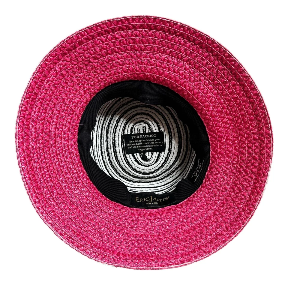 Eric Javits Trenza Dama Paja Cubo Sombrero Negro Blanco Rayas RARO ROSA UPF 50+ Foto 3 de 4
