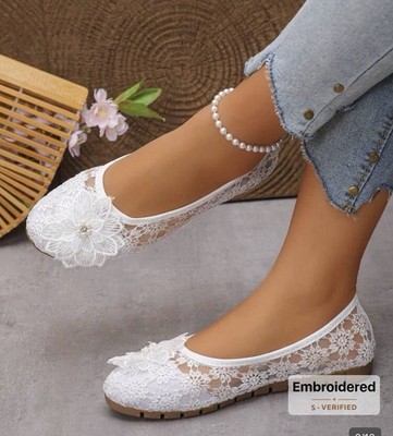 Ballet Lace Embroidered Rubber Bottom Slip On Flats Color White Size 6.5/ 37